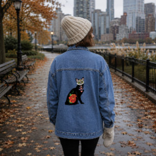 Zuckerschädel schwarze Katze Rose Türkis Herz Jeansjacke