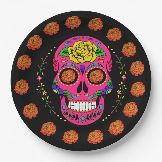 Zuckerschädel u. -ringelblumen Dia de Los Muertos Pappteller (Vorderseite)