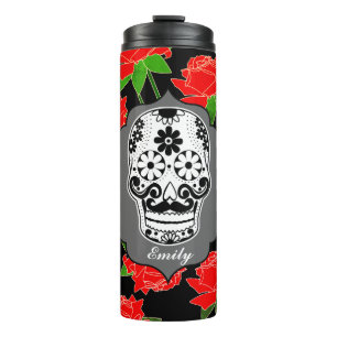 Zuckerschädel u. Rote Rosen Dia De Los Muertos Thermosbecher