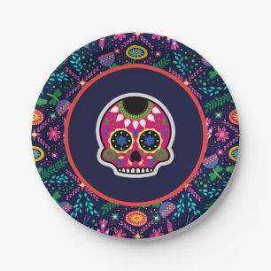 Zuckerschädel und Blume Dias de los Muertos Pappteller