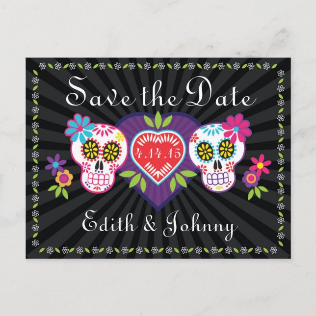 Zuckerschädel und Blume Save the Date Ankündigungspostkarte (Vorderseite)