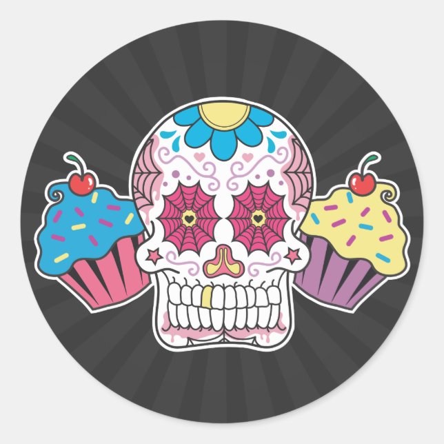 Zuckerschädel und Cupcakes Runder Aufkleber (Vorderseite)