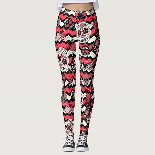 Zuckerschädel und -muster für Blume Leggings (Vorderseite)
