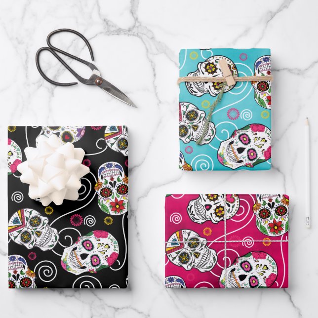 Zuckerschädel und Wirbel Drei Farben ID725 Geschenkpapier Set (Vorderseite)