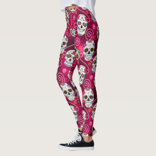 Zuckerschädel und Wirbel Rose Rot ID725 Leggings