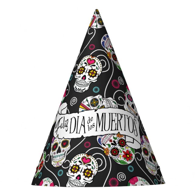 Zuckerschädel und Wirbel, schwarz D725 Partyhütchen (Vorderseite)