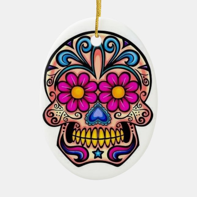 Zuckerschädel-Weihnachtsverzierung Keramik Ornament (Vorne)