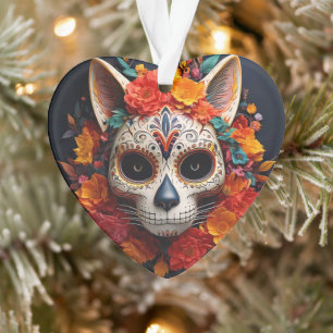 Zuckerschädelkatze mit Blume Acrylschmuck Ornament