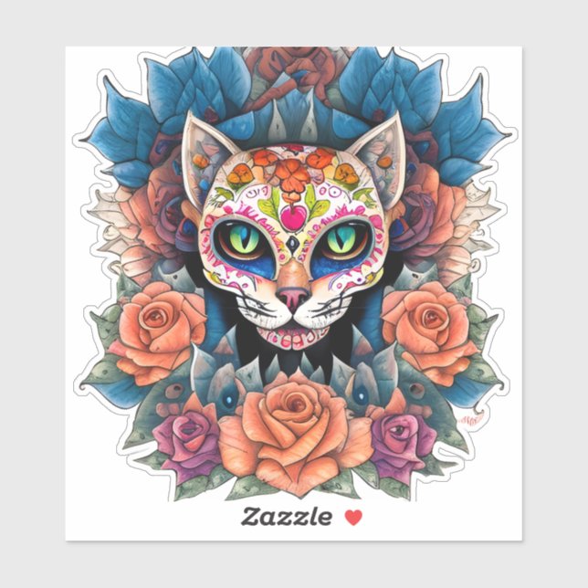 Zuckerschädelkatze, umgeben von Blume Aufkleber (Blatt)