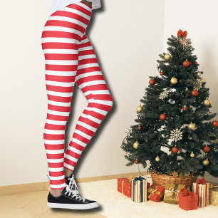Zuckerstangen-Rot-Weiß-Einfach-Horizontal-Gestreif Leggings