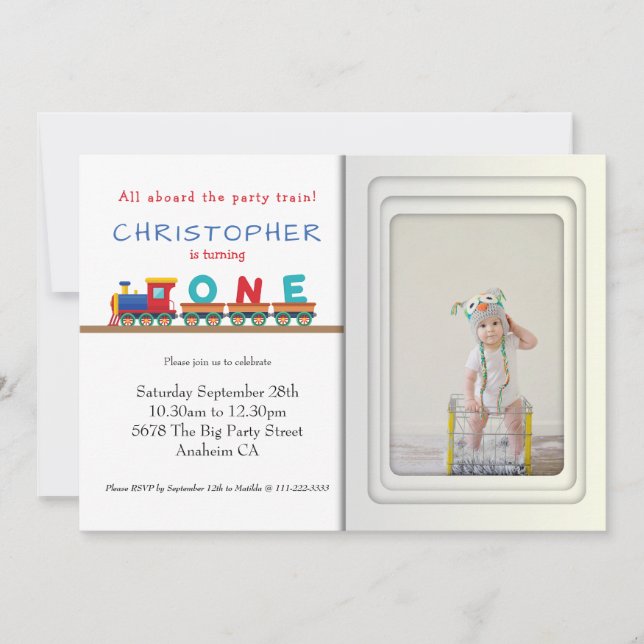 Zug 1. Geburtstag Party Einladung Fotovorlage (Vorderseite)