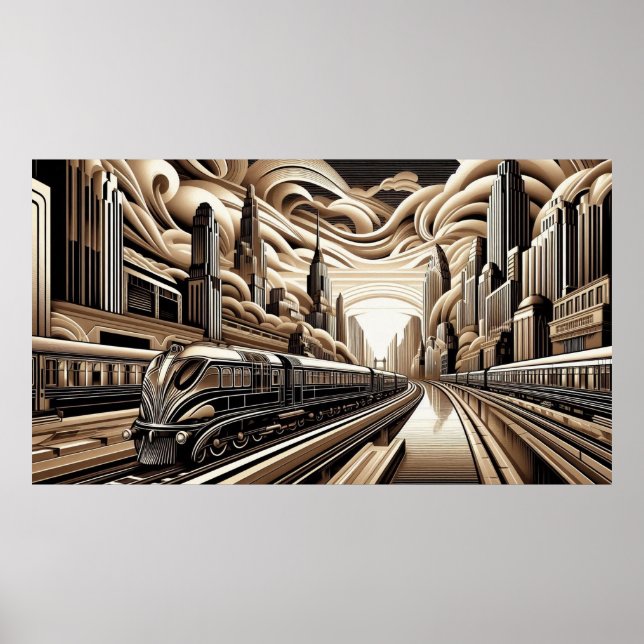 Zug Art Deco Stil Gold Kupfer schwarz weiß Poster (Vorne)