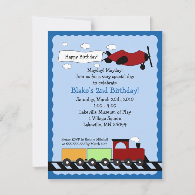 Zug & Flugzeug 4x5 niedlicher Junge Einladung zum  (Vorderseite)