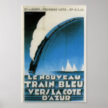 Züge Bleu Cote D'Azur Französisch Art Deco Reisen Poster<br><div class="desc">Reproduktion eines alten Reiseplakats für "Le Nourveau Train Bleu Vers La Cote D'Azur". Circa 1928,  großartiger Art-Déco-Stil in Blues,  Schwarz und Weiß.</div>