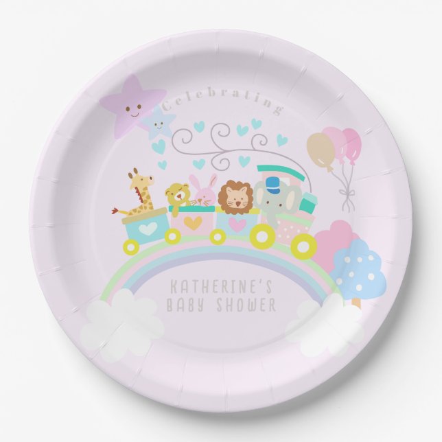 Züge Tiere Pastel Baby Pink Pappteller (Vorderseite)