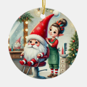 Zugeschnittener Weihnachtsmann-Friseur-Gnom Keramik Ornament