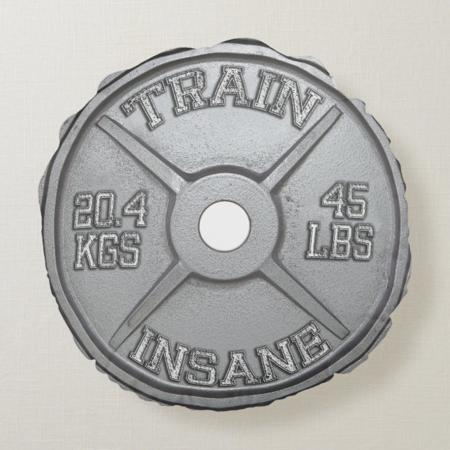 Zuggeisteskranker (Barbell-Platte) Workout Rundes Kissen (Rückseite)