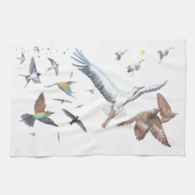 Zugvögel, die ihre Flüge aufspüren Illustration Geschirrtuch (Horizontal)