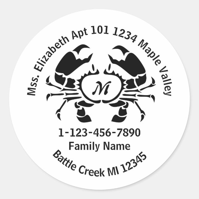 Zuhause-Adresse der Crab Monogram-Familie Runder Aufkleber (Vorderseite)