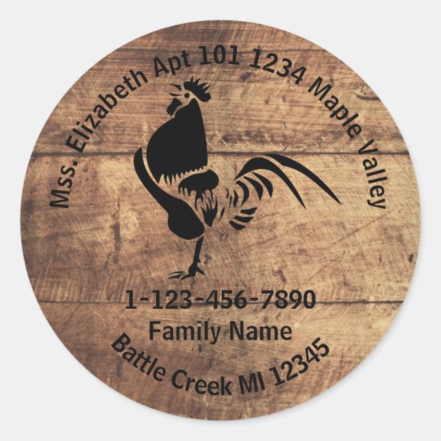 Zuhause-Adresse der Rooster-Silhouette Runder Aufkleber (Vorderseite)