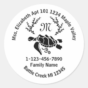 Zuhause-Adresse der Sea Turtle Monogram-Familie Runder Aufkleber