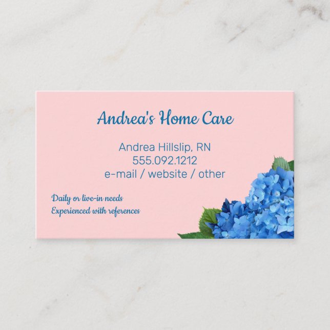Zuhause Care Blue Hydrangeas für kundenspezifische Visitenkarte (Vorderseite)