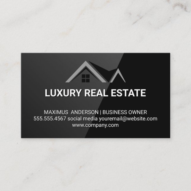 Zuhause-Dachlogo | Real Anwesen Sleek Black Visitenkarte (Vorderseite)