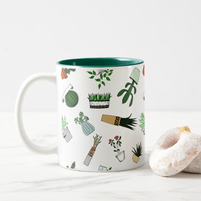 Zuhause-eingemachte Pflanzen-Gekritzel-Kunst Zweifarbige Tasse (Mit Donut)
