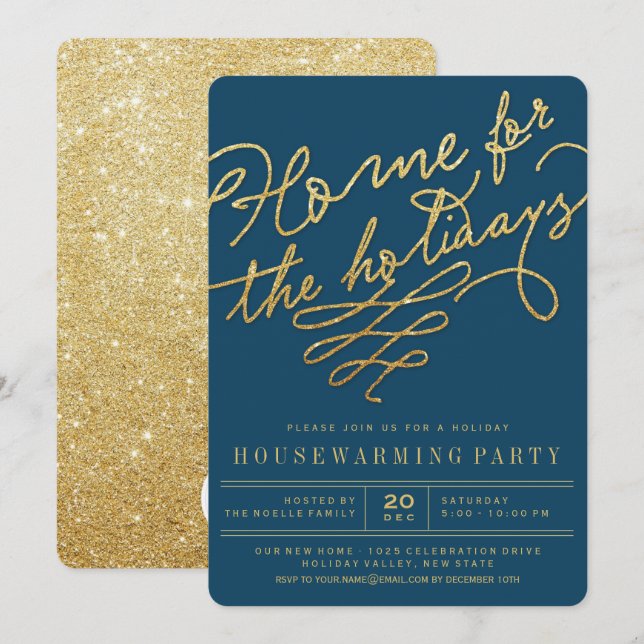 Zuhause für das Holidays Gold Glitzer Party Einlad Einladung (Vorne/Hinten)