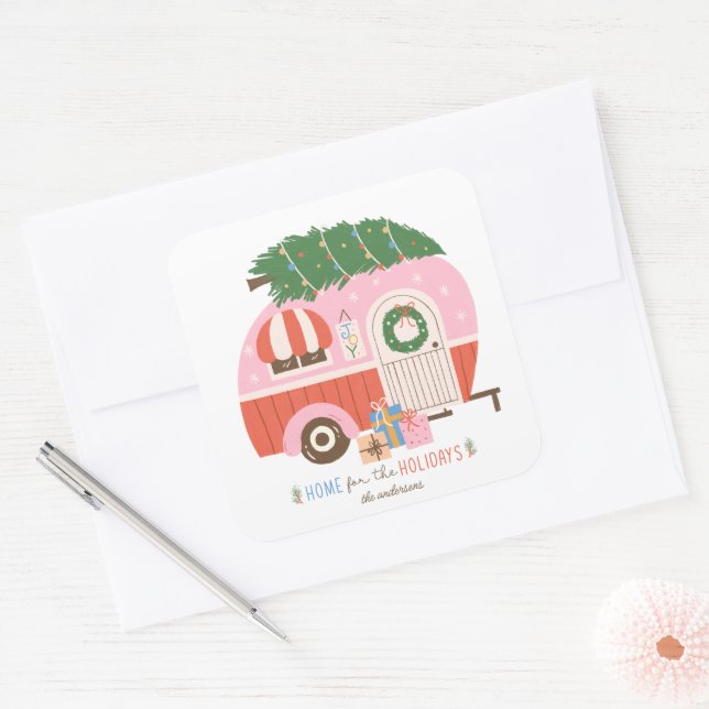 Zuhause für den Ferienpink-Camper Quadratischer Aufkleber (Umschlag)