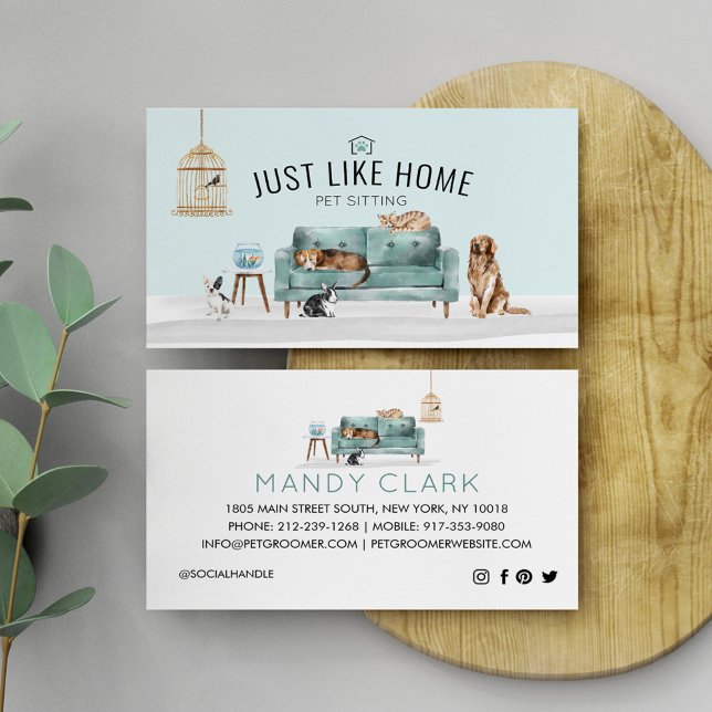 Zuhause Haustier Sitzen Wasserfarbe Gemütliche Zuh Visitenkarte (Home Pet Sitting Watercolor Cozy Home Green Couch Business Card)
