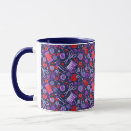 Zuhause Hobby Sew Crafter Collage Muster Blau Rot Tasse