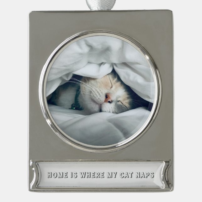 Zuhause ist, wo meine Katze Nickerchen benutzerdef Banner-Ornament Silber (Vorderseite)
