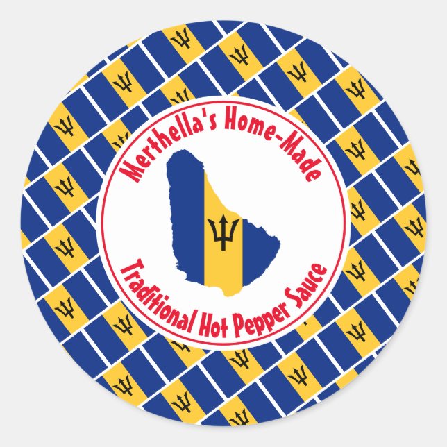 Zuhause Made HOT PEPPER SAUCE Barbados Flag Runder Aufkleber (Vorderseite)