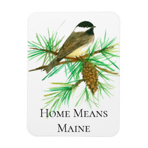 Zuhause Means Maine Chickadee Bird Tassel Pinecone Magnet