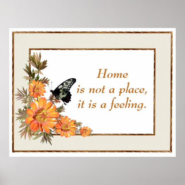 Zuhause Orange Blume Butterfly Inspiration Zitat Poster (Vorne)