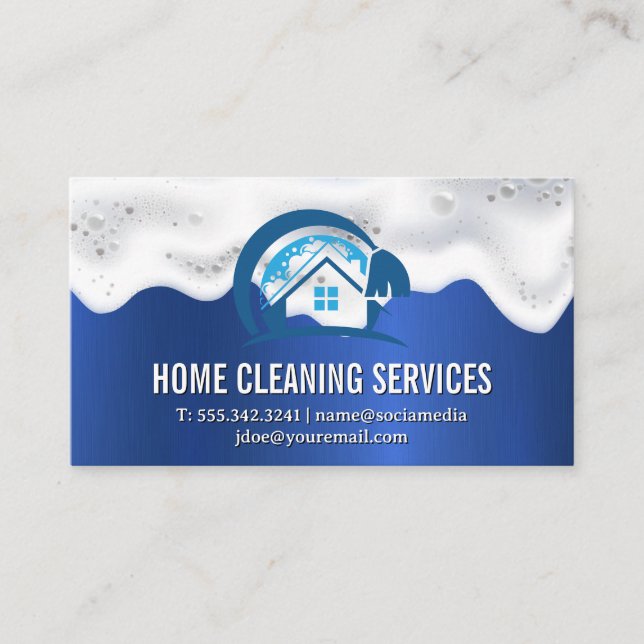 Zuhause-Reinigung | Soap Suds | Blaue Metallic Tex Visitenkarte (Vorderseite)