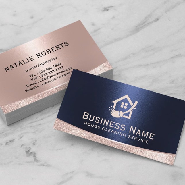 Zuhause-Reinigung von-Logos Rose Gold & Navy Visitenkarte (Von Creator hochgeladen)