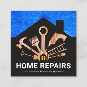 Zuhause Reparaturwerkzeuge Holz Gebäude Silhouette Quadratische Visitenkarte