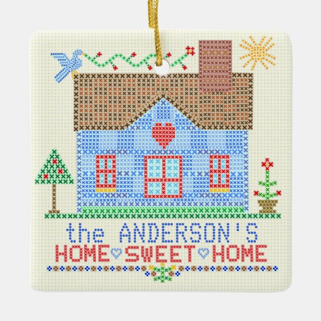 Zuhause-süßes Zuhause-Kreuz-Stich-Haus Keramikornament (Vorderseite)