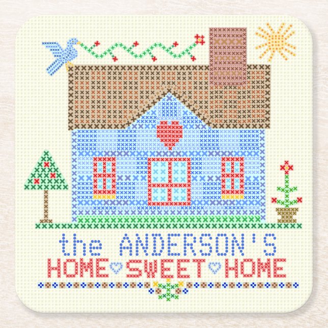Zuhause-süßes Zuhause-Kreuz-Stich-Haus Rechteckiger Pappuntersetzer (Vorderseite)