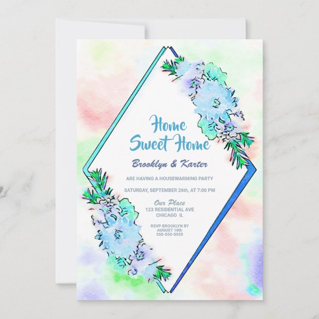Zuhause Sweet Zuhause Blue Floral Housewarming Par Einladung (Vorderseite)