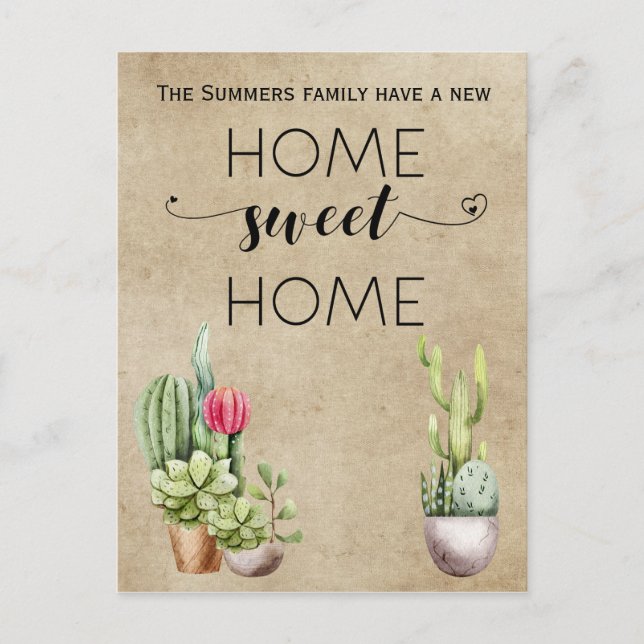 Zuhause Sweet Zuhause Cactus Ankündigungspostkarte (Vorderseite)