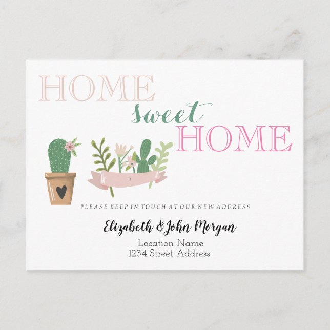 Zuhause Sweet Zuhause, Cactus Blume Announceme Ankündigungspostkarte (Vorderseite)