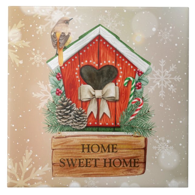 Zuhause Sweet Zuhause Christmas Bird House Fliese (Vorderseite)