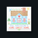 Zuhause Sweet Zuhause Cross Stitch House Personali Leinwanddruck<br><div class="desc">Dieses personalisierte Landhausdesign ist so gestaltet, dass es einem Vintagen Kreuzstich-Stickmustertuch ähnelt. Es zeigt ein blaues Haus aus "x" mit einem Vogel, die Sonne und viele Herzen und Blume im gleichen Stil. Der Hintergrund ist beige mit einem leichten Karo, das wie Stickereimaterial aussieht. Geben Sie zum Personalisieren einfach Ihren Namen...</div>