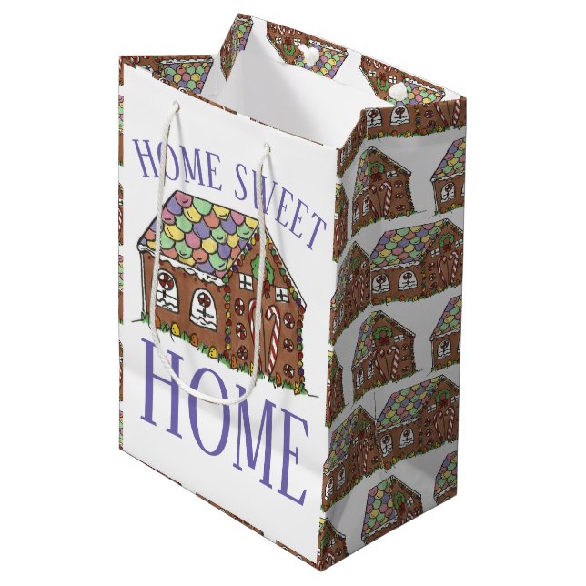 Zuhause Sweet Zuhause Gingerbrot House Holiday Mittlere Geschenktüte (Vorderseite Schrägansicht)