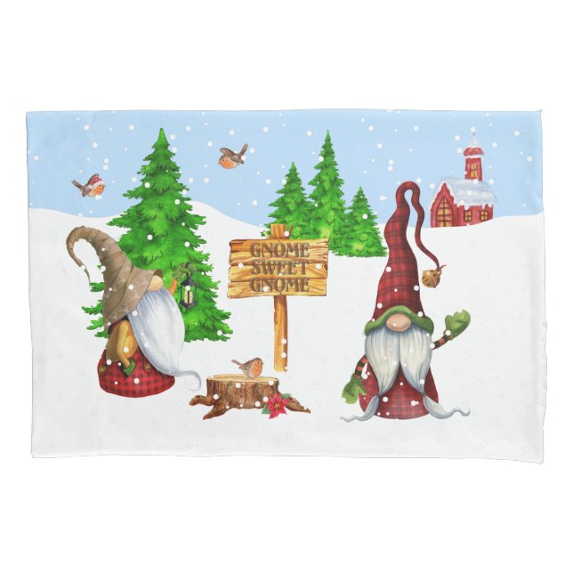 Zuhause Sweet Zuhause Gnome Winterszene Kissenbezug (Vorderseite)