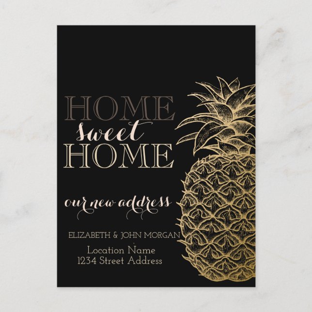 Zuhause Sweet Zuhause, Gold Ananas, Schwarze neue  Ankündigungspostkarte (Vorderseite)