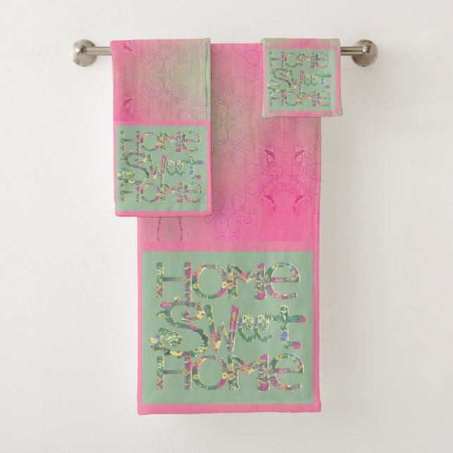 "Zuhause Sweet Zuhause" Rosa und Grün Badhandtuch Set (Insitu)